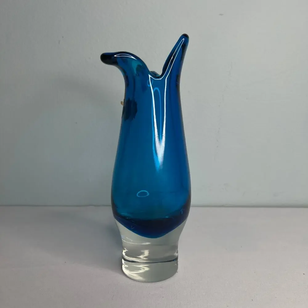 Vintage Capri Blue Case Glass Vase Czech Bohemian Sommerso Hand Blown Art